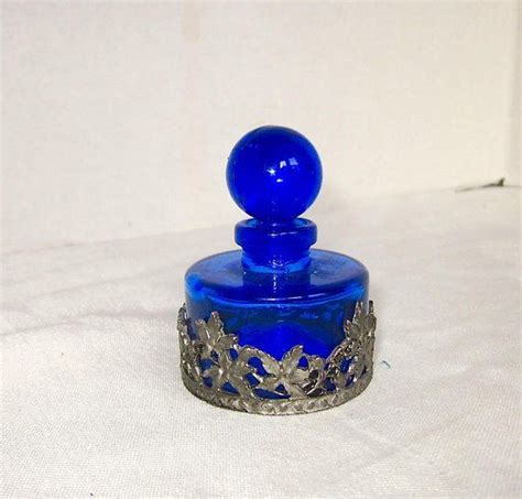 Vintage Perfume Bottle Cobalt Blue Glass Scent Bottle Pewter Decoration 1960s Glass