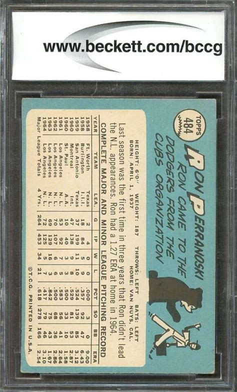 Ron Perranoski Card 1965 Topps 484 Los Angeles Dodgers BGS BCCG 7 EBay