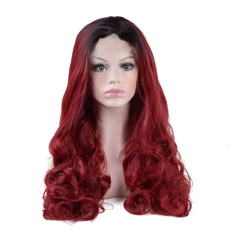 Strongbeauty Lace Front Wig Red Long Wavy Ombre Dark Roots Synthetic