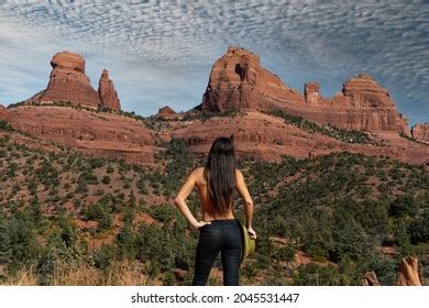 Beautiful Woman Poses Nude Arizona Desert Stock Photo