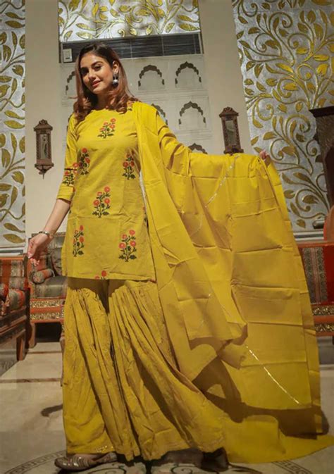 Mustard Cotton Sharara Kurta Set With Dupatta Aravalii