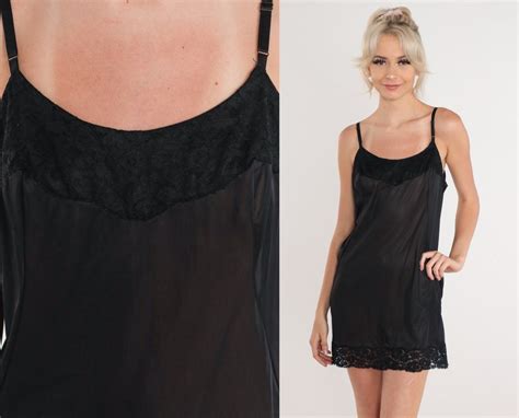 Black Slip Dress 80s Lace Trim Lingerie Nightgown Micro Mini Full Slip Semi Sheer Adjustable
