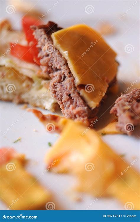 Messy Food Leftovers Burger Leftover On The Plate After Party Stock