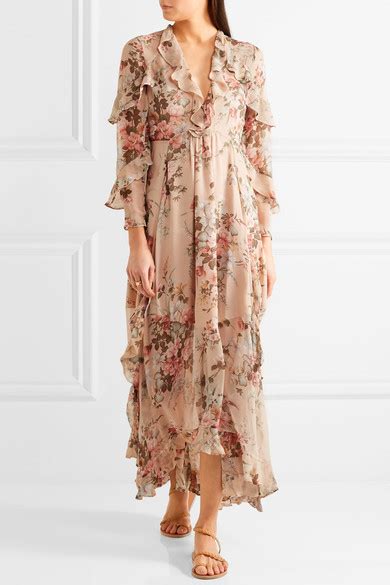 Zimmermann Aerial Ruffled Floral Print Silk Georgette Dress Blush