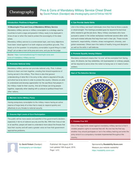 Pros And Cons Of Mandatory Military Service Cheat Sheet By Davidpol Download Free From