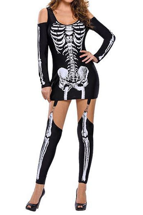 Black White Skeleton Cold Shoulders Leg Warmer 3 Pc Costume Amiclubwear