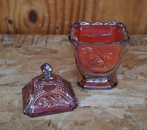 Vintage Imperial Carnival Glass Red Lidded Candy Dish Flower Harvest Stamped 7