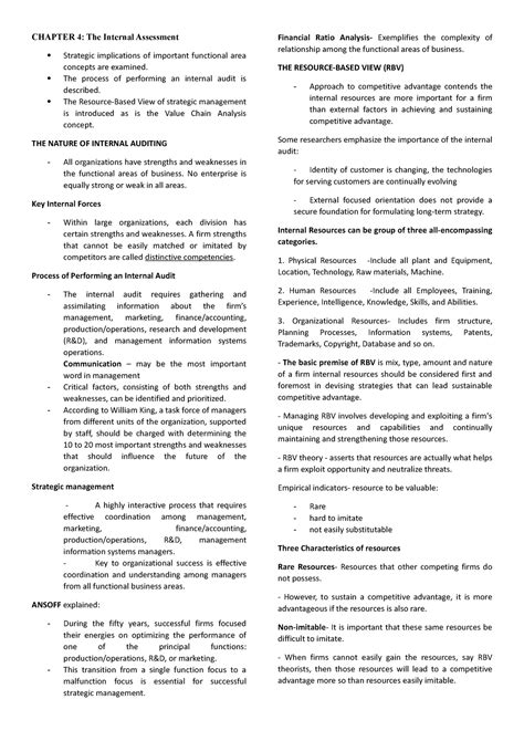 Chapter 4 Strategic Management Chapter 4 The Internal Assessment