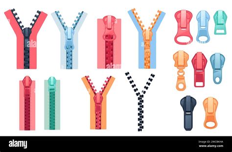 Set Of Fastener Puller And Zippers Clothing Textile Accessories Vector Illustration Isolated On