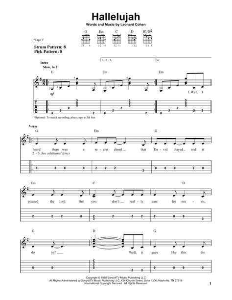 Hallelujah Easy Guitar Tab Print Sheet Music Now