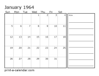 Download 1964 Printable Calendars