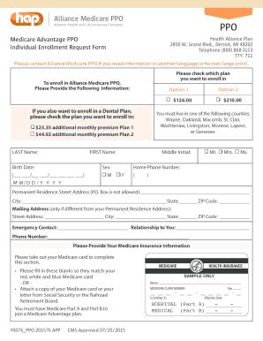 Fillable Online Hap Medicare Advantage PPO Individual Enrollment