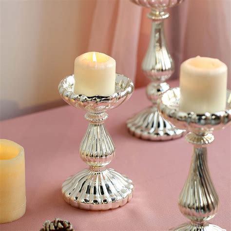 Efavormart Set Of 3 Silver Mercury Glass Pillar Candle Holders 7 8