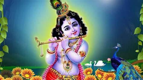 Little Krishna With Flute Peacock White Swans Flowers God HD Krishna ...