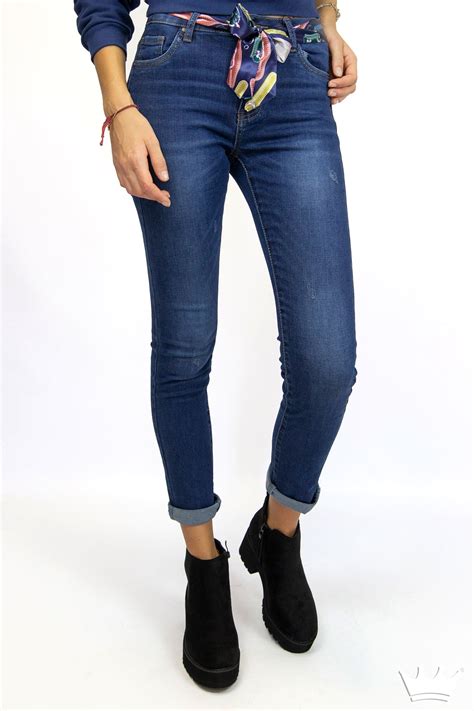 Pantalon Vaquero De Mujer En Denim Casual Tiro Alto Ajustados Con Cinco