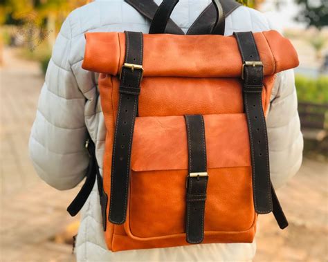 Leather Roll Top Backpack Daily Roll Up Backpack Full Grain Etsy