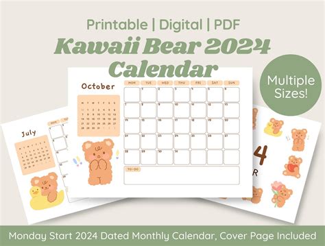 Kawaii Bear 2024 Dated Calendar Cute Print Kawaii Aesthetic Printable ...