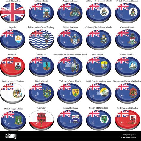 Set of icons. British overseas territories (BOT) and colonies flags ...