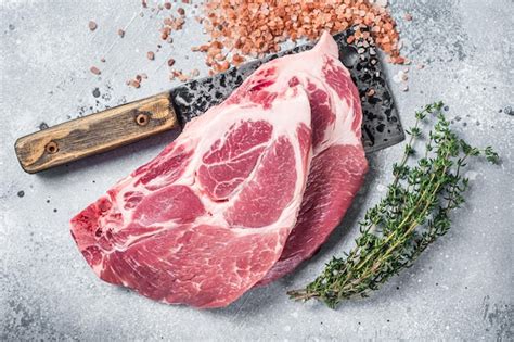 Premium Photo Fresh Pork Tender Steaks From Raw Neck Meat On Butcher