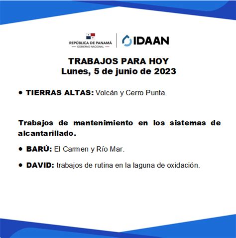 IDAAN on Twitter Chiriquí Trabajos programados para hoy lunes 5 de