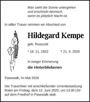 Traueranzeigen Von Hildegard Kempe Trauer Nordkurier