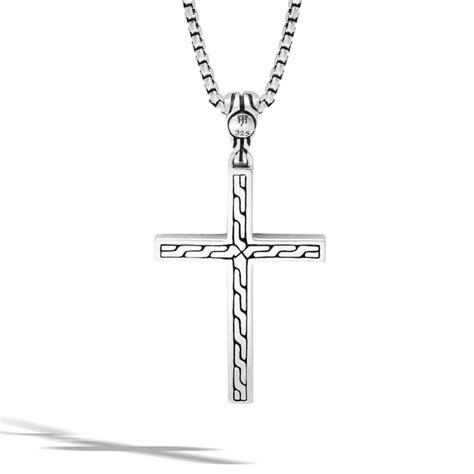 John Hardy Mens Jawan Technique Motif Silver Cross Chain Necklace