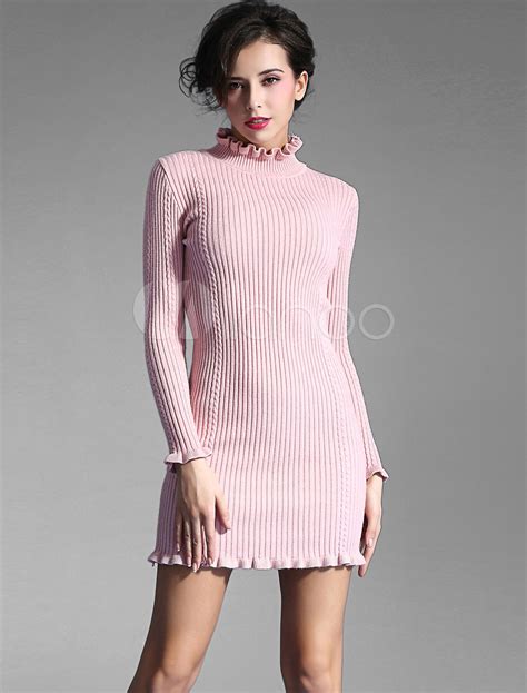 Pink Sweater Dress Sweet Ruffle High Collar Long Sleeve Slim Fit Knit