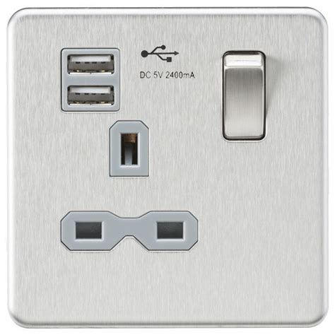 Knightsbridge Screwless Brushed Chrome 13a 1 Gang Switched Socket With Dual Usb Charger 24a