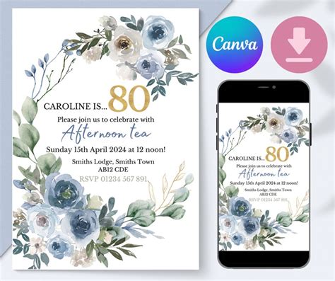 Eighty 80th Birthday Party Invitation Floral Blue Gold Editable