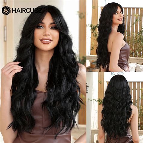 HAIRCUBE Pelucas Onduladas Sint Ticas Negras Largas Con Flequillo Para