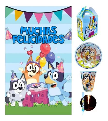 Bluey Kit 20 Niños Fiesta Party Vasos Platos Bolos Vela Lona