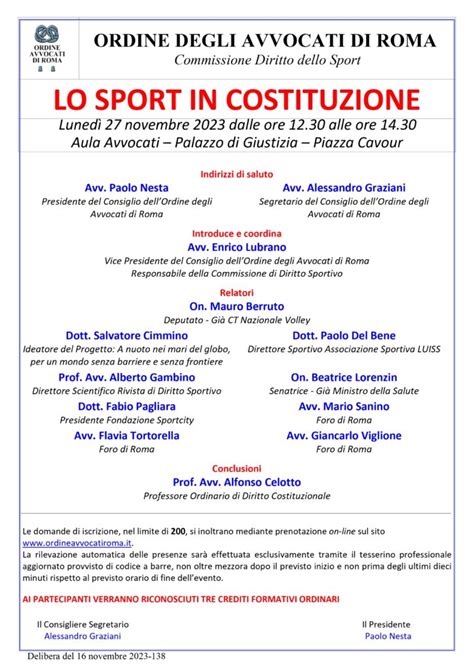 Presenza Lo Sport In Costituzione Ordine Degli Avvocati