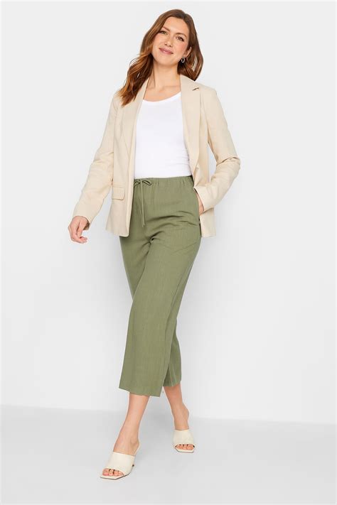 Lts Tall Women S Khaki Green Linen Tie Waist Cropped Trousers Long