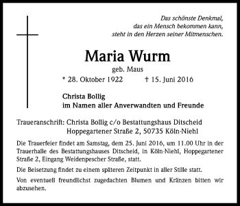 Traueranzeigen Von Maria Wurm WirTrauern