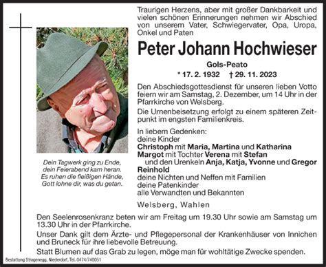 Traueranzeigen Von Peter Johann Hochwieser Trauer Bz