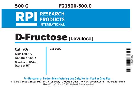 F21500 5000 D Fructose Levulose 500 Grams