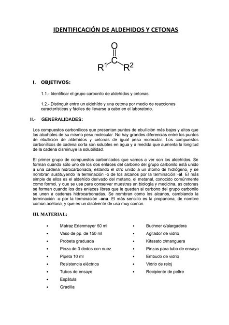 Practica De Aldehidos Y Cetonas Identificaci N De Aldehidos Y Cetonas