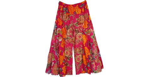 Crimson Flowery Flared Palazzo Pants Multicoloured Split Skirts