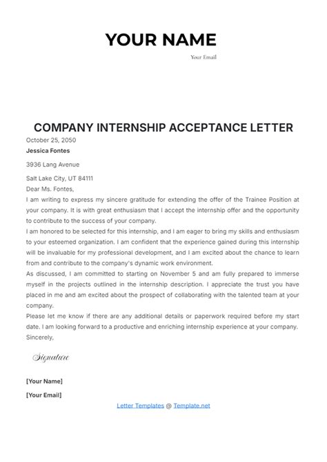 Free Company Internship Acceptance Letter Template Edit Online