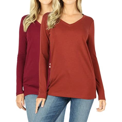 Women Basic Cotton Relaxed Fit V Necks 3x Long Sleeve T Shirt Top