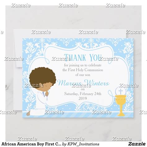 African American Boy First Communion Thank You Custom Invitations