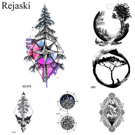 Rejaski Watercolor Pine Tree Tattoo Women Arm Temporary Tattoo Compass Men Hands Art Fake Tattoo