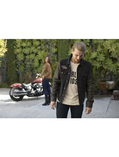 Buy Harley Davidson Harley Davidson Men S Leather Sleeve Slim Fit Denim Jacket Black Online