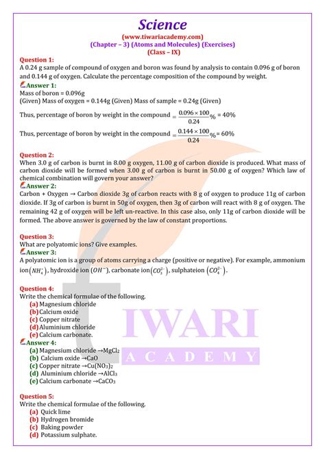 Ncert Solutions For Class 9 Science Chapter 3 Atoms And Molecules