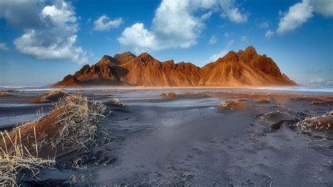 Vestrahorn Mountain Iceland Clouds Sea Sky Coast Landscape HD