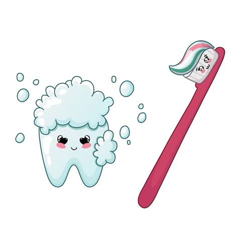 Dibujos Animados Kawaii Diente Y Cepillo De Dientes Lindo Personaje Cuidado Dental Vector Premium