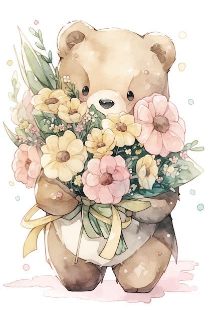 Un Dessin L Aquarelle D Un Ours En Peluche Tenant Un Bouquet De