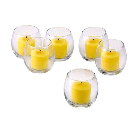 Light In The Dark Clear Glass Square Votive Candle Holders With Yellow Votive Candles Set Of 12