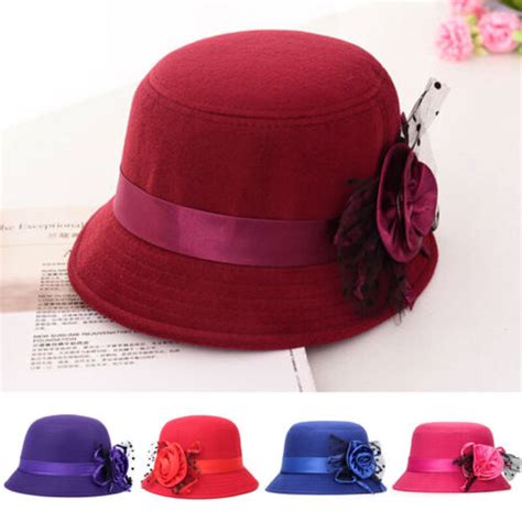 Winter Women Vintage Wool Felt Bucket Cap Flower Cloche Church Bowler Hat Uk Ebay