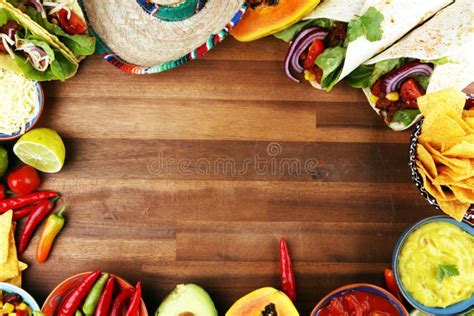 Mexican Food Mix With Nachos Copyspace Frame Colorful Background Mexico